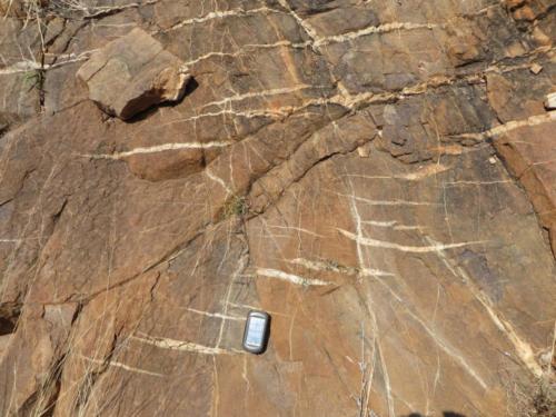 Sinuoidal, quartz filled tension gashes in sandstones of the Soutpansberg Supergroup, Limpopo.  These indicate the sense of movement in a nearby fault