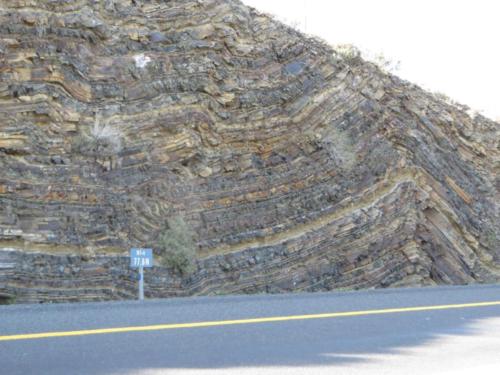Folded interbedded sediments and ash-fall tuffs of the Early Permian Collingham Formation, Ecca Group, South Africa